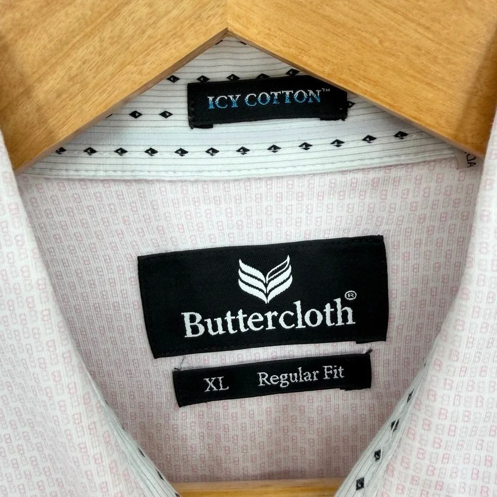 Buttercloth Mens XL Button‎ Down Shirt Pink Icy Cotton Regular Fit Long Sleeve